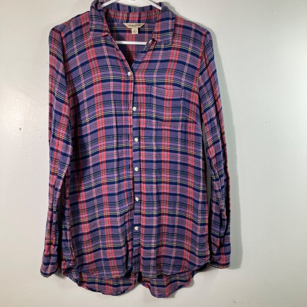 Womens Lucky Brand Plaid Button Shirt S Blue Red Light weight Rayon Long Sleeve
